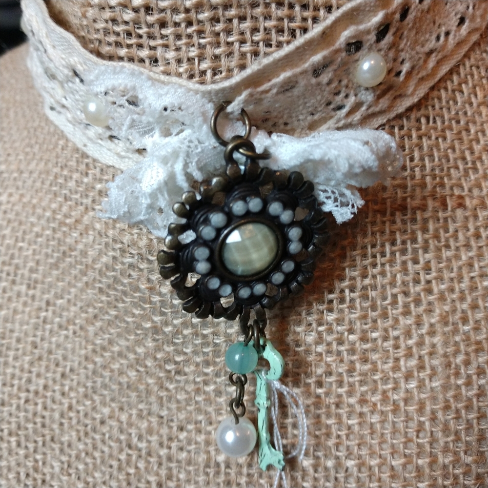 Victorian lace necklace pearls key pendant witchy OOAK NWT green bronze white